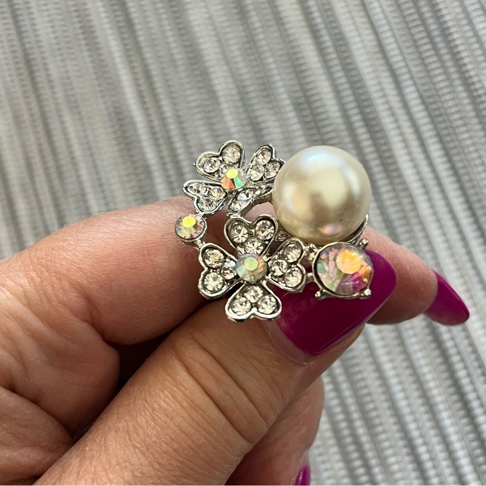 Statement cocktail Fashion ring, adjustable, AB stones, oversized faux pearl